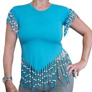 Vintage 70s Womens S/M Turquoise Beaded Shirt Western Festival Dreamcatcher Thin